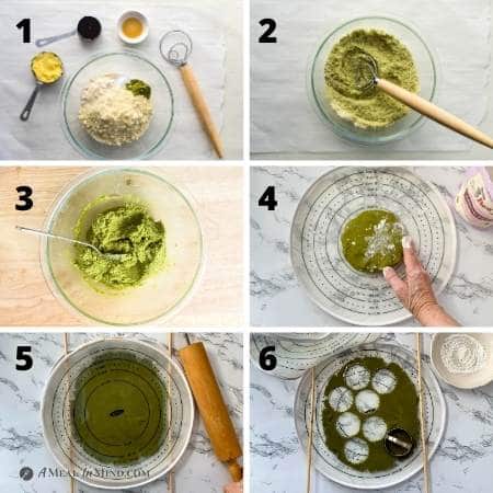 images of six steps in making paleo matcha cookies