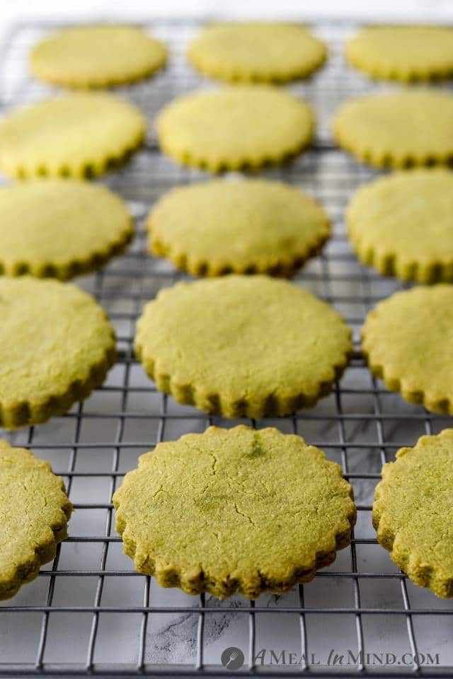 paleo matcha cookies on cooling rack