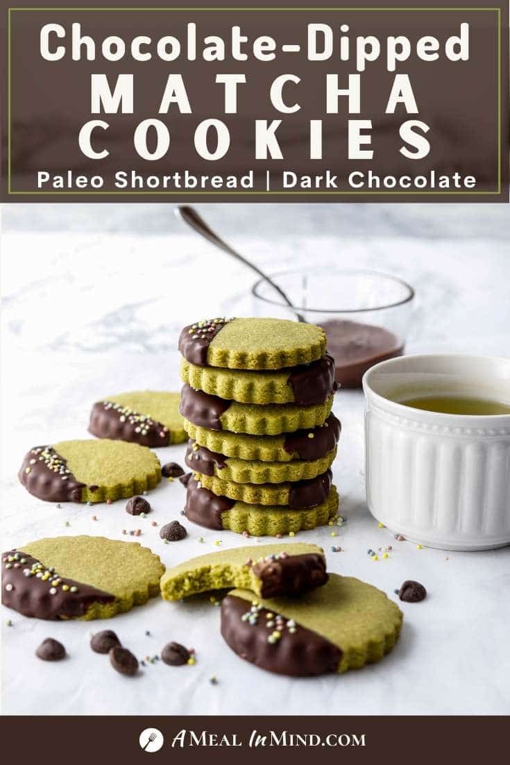 pinterest image of stack of chocolate-dipped matcha cookies on marble counter