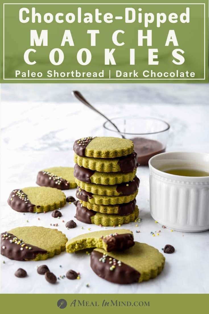 pinterest image of chocolate-dipped matcha cookies