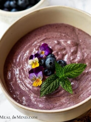 close-up of blueberry smoothie in bowl